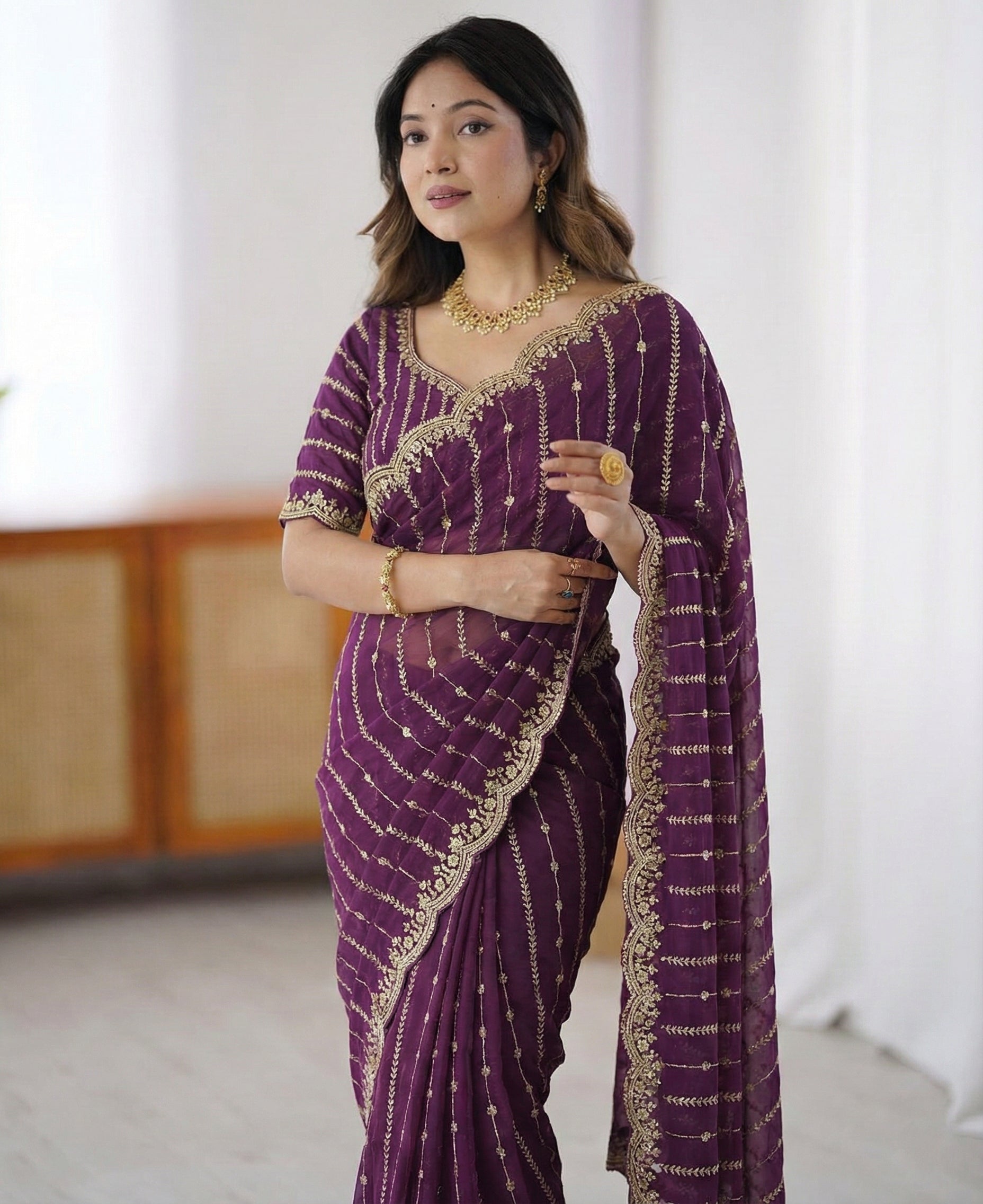 Fendy Sattin Dual Shad Saree Multi Sequence EmB Work With Running Blouse Emb work  (133)