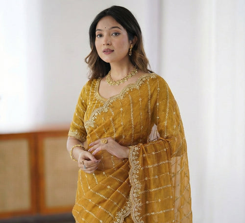 Fendy Sattin Dual Shad Saree Multi Sequence EmB Work With Running Blouse Emb work  (134)