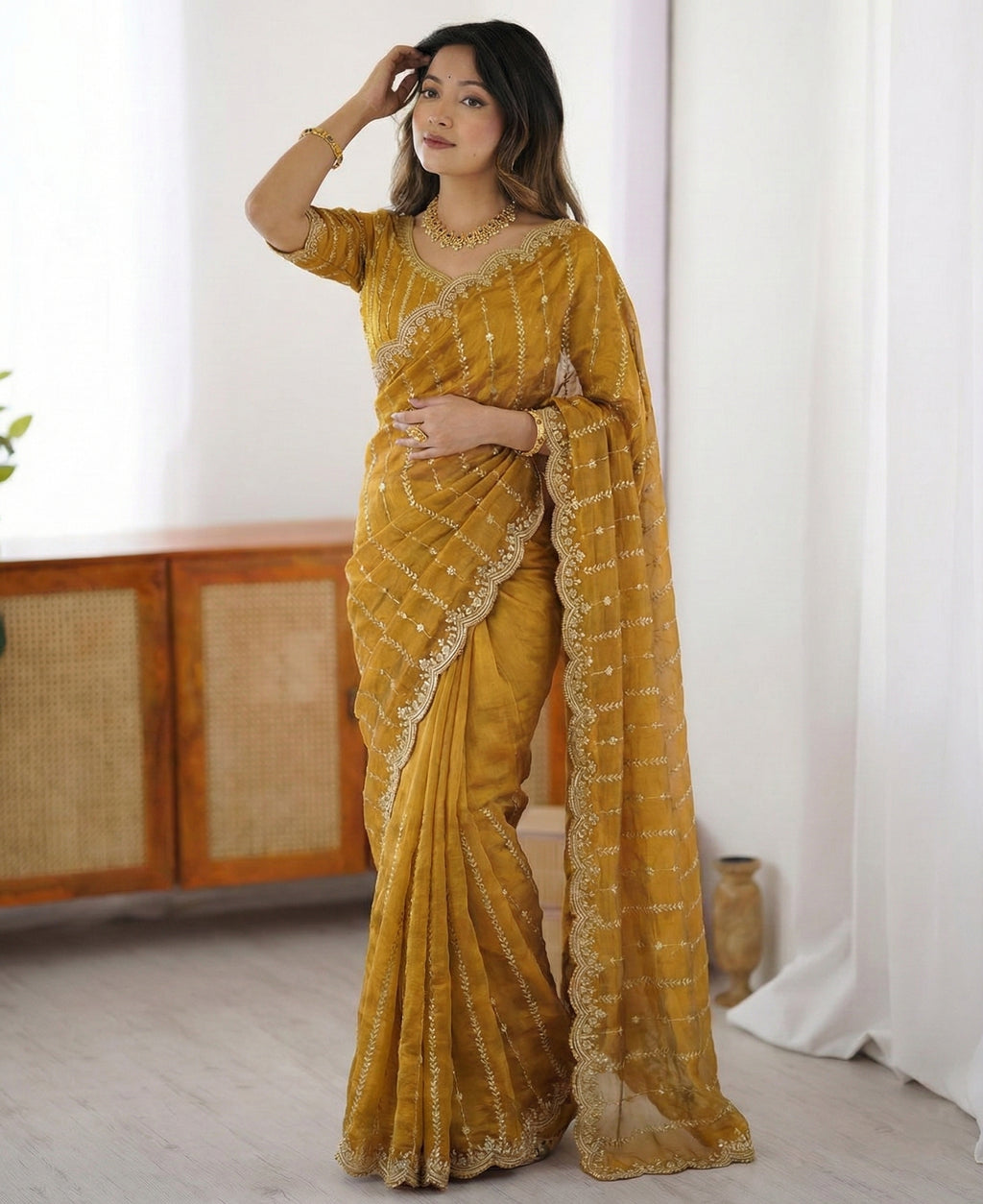 Fendy Sattin Dual Shad Saree Multi Sequence EmB Work With Running Blouse Emb work  (134)