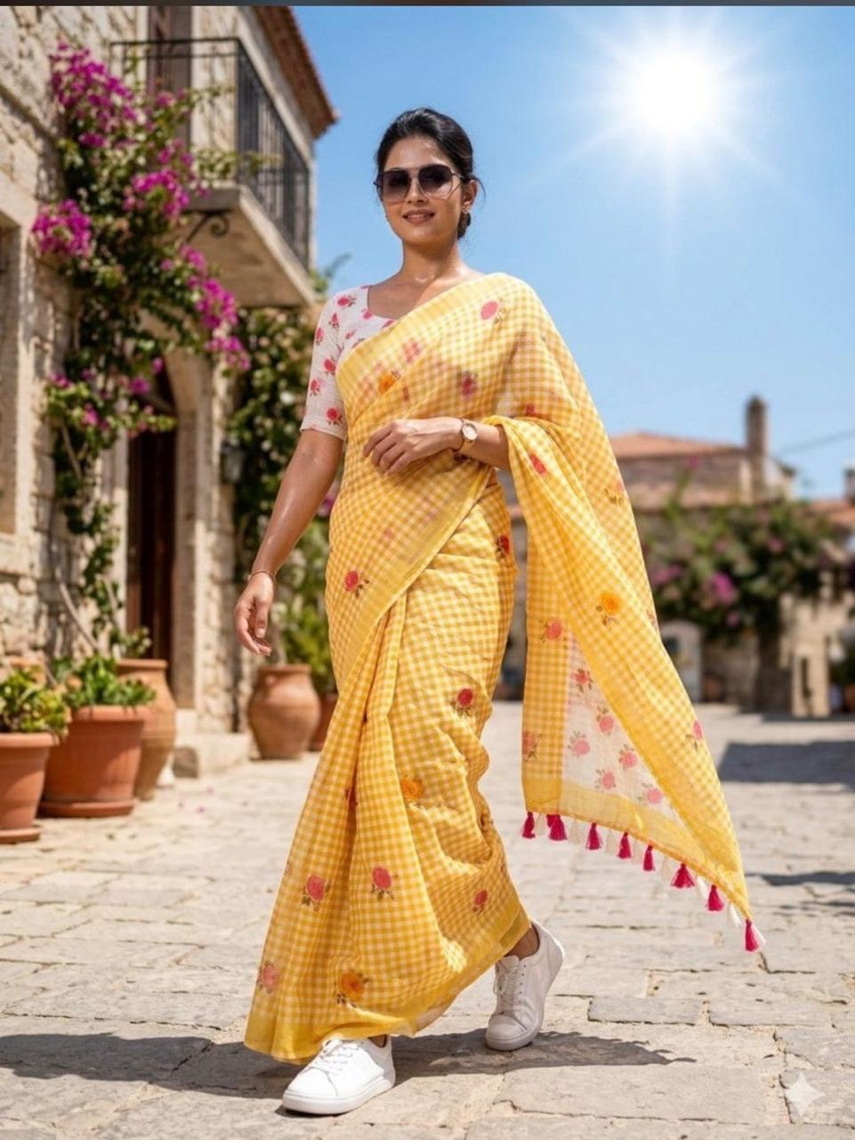 LINNEN COTTON CHEX FLOWER PRINTED SAREE (140)