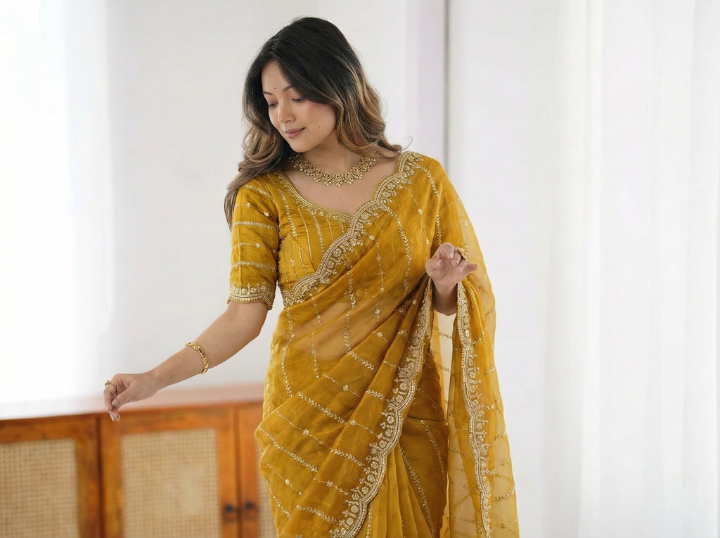 Fendy Sattin Dual Shad Saree Multi Sequence EmB Work With Running Blouse Emb work  (134)