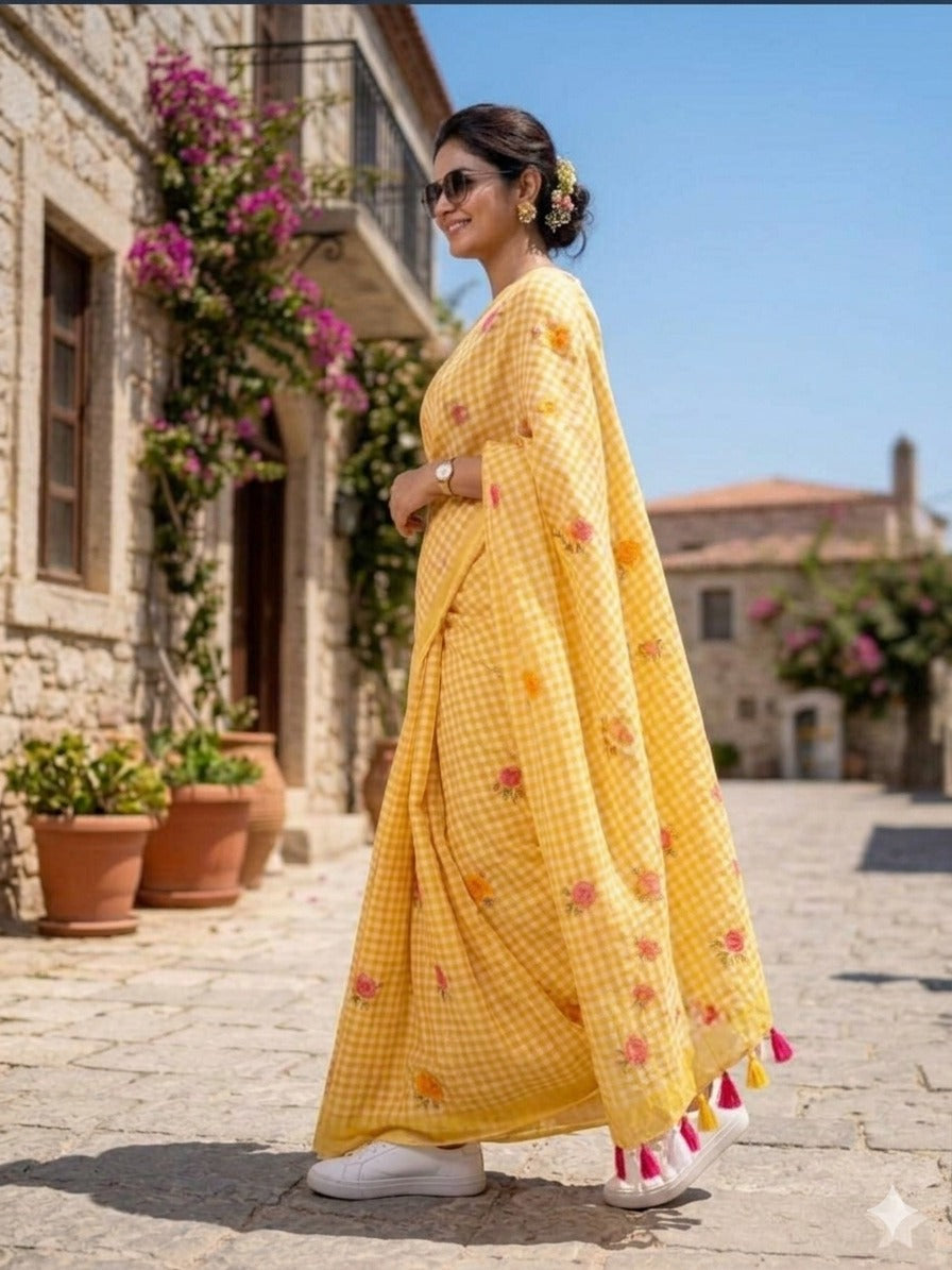 LINNEN COTTON CHEX FLOWER PRINTED SAREE (140)