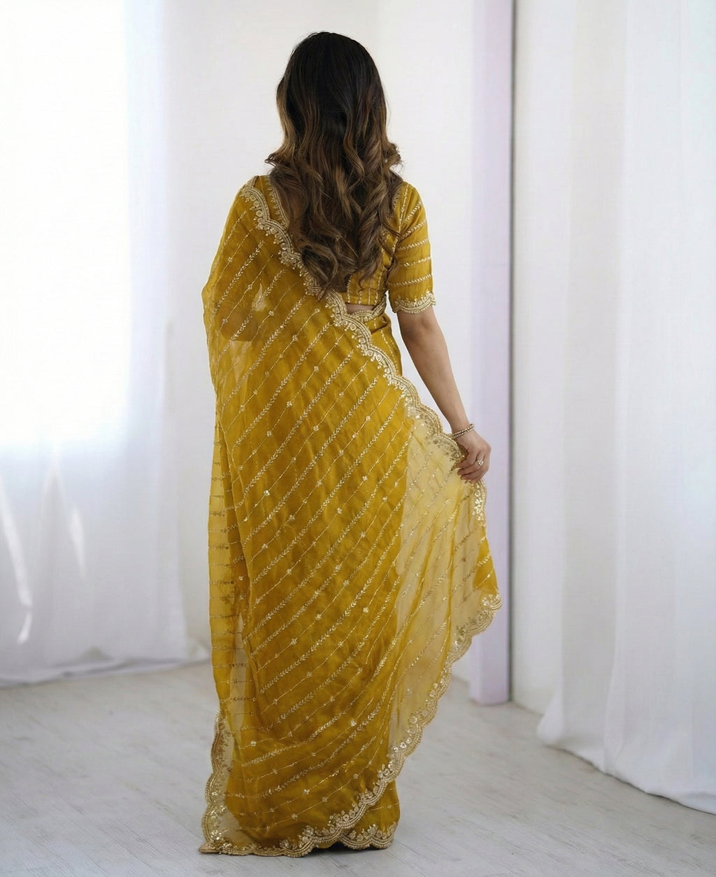 Fendy Sattin Dual Shad Saree Multi Sequence EmB Work With Running Blouse Emb work  (134)