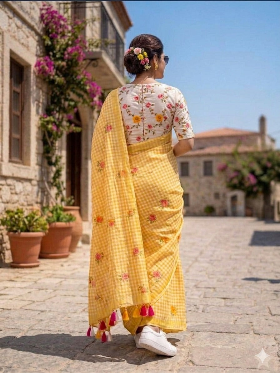 LINNEN COTTON CHEX FLOWER PRINTED SAREE (140)