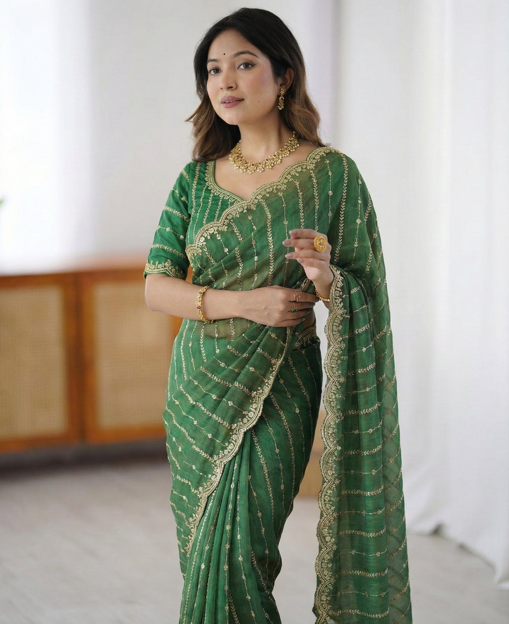 Fendy Sattin Dual Shad Saree Multi Sequence EmB Work With Running Blouse Emb work  (136)