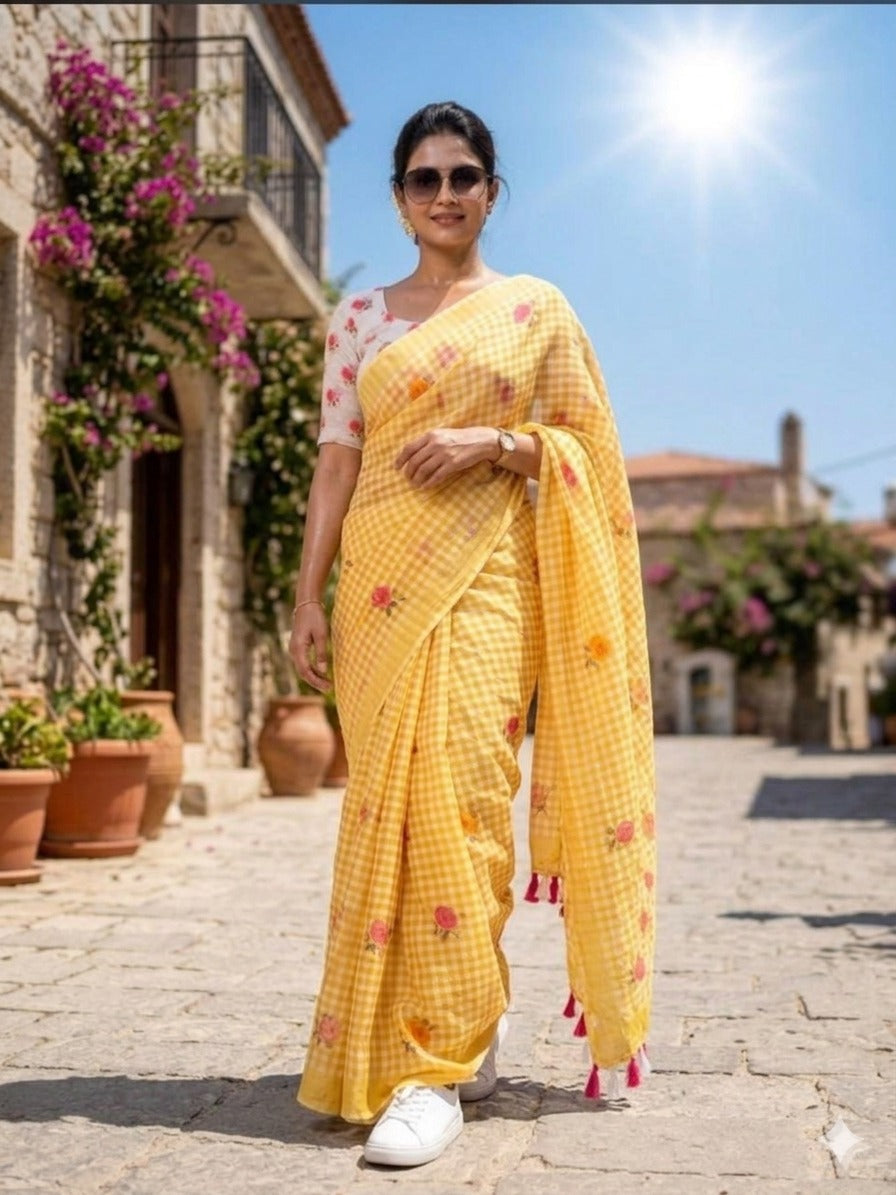 LINNEN COTTON CHEX FLOWER PRINTED SAREE (140)
