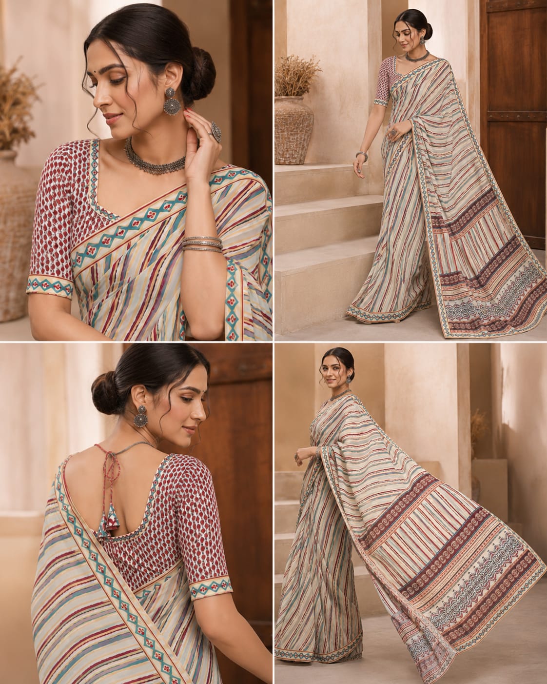Traditional Handblock Style Saree STRIPE  AJARAKH SAREE (108)