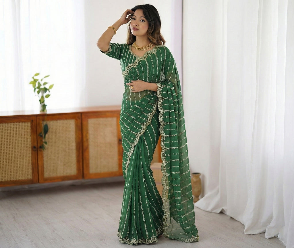 Fendy Sattin Dual Shad Saree Multi Sequence EmB Work With Running Blouse Emb work  (136)