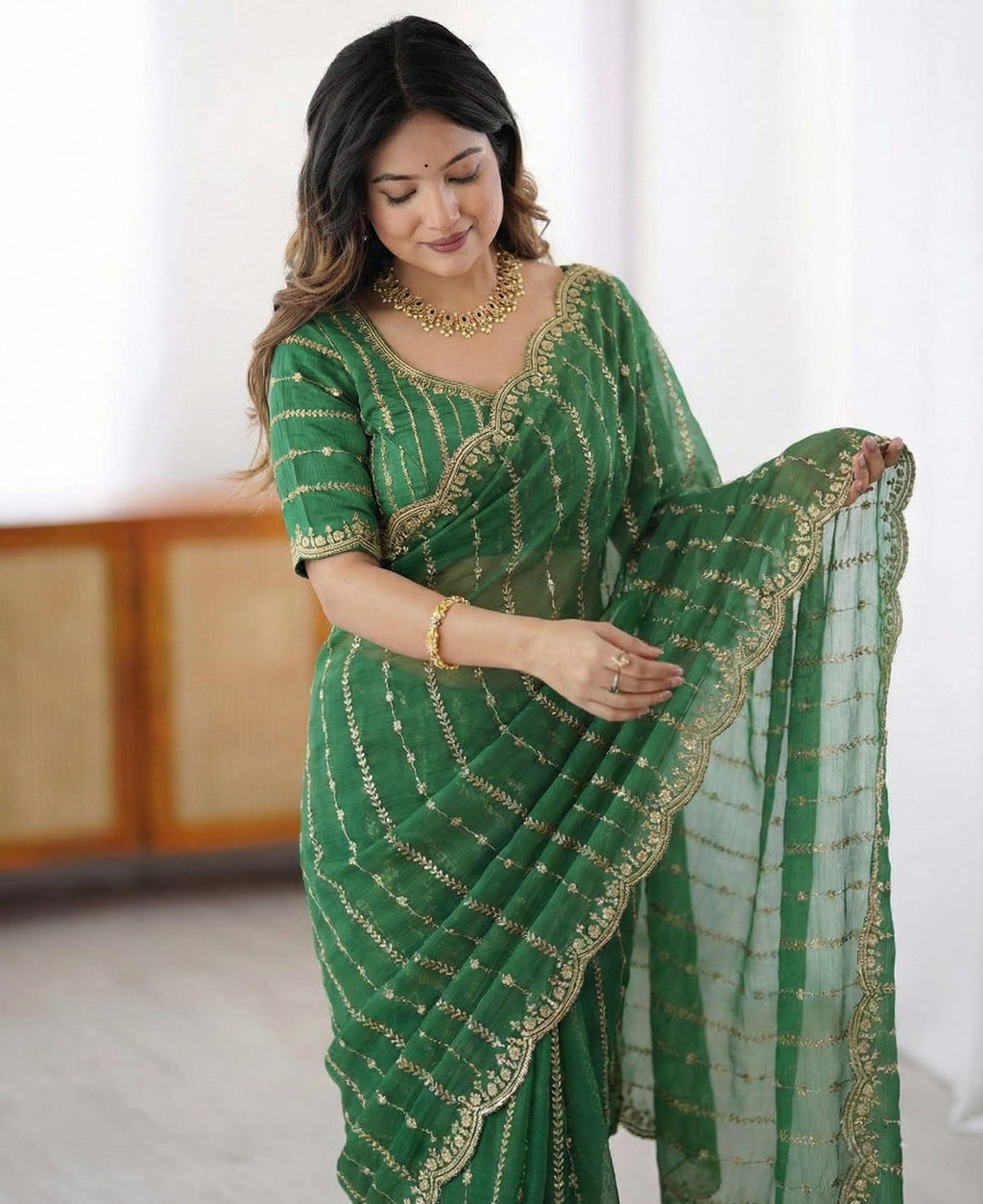 Fendy Sattin Dual Shad Saree Multi Sequence EmB Work With Running Blouse Emb work  (136)
