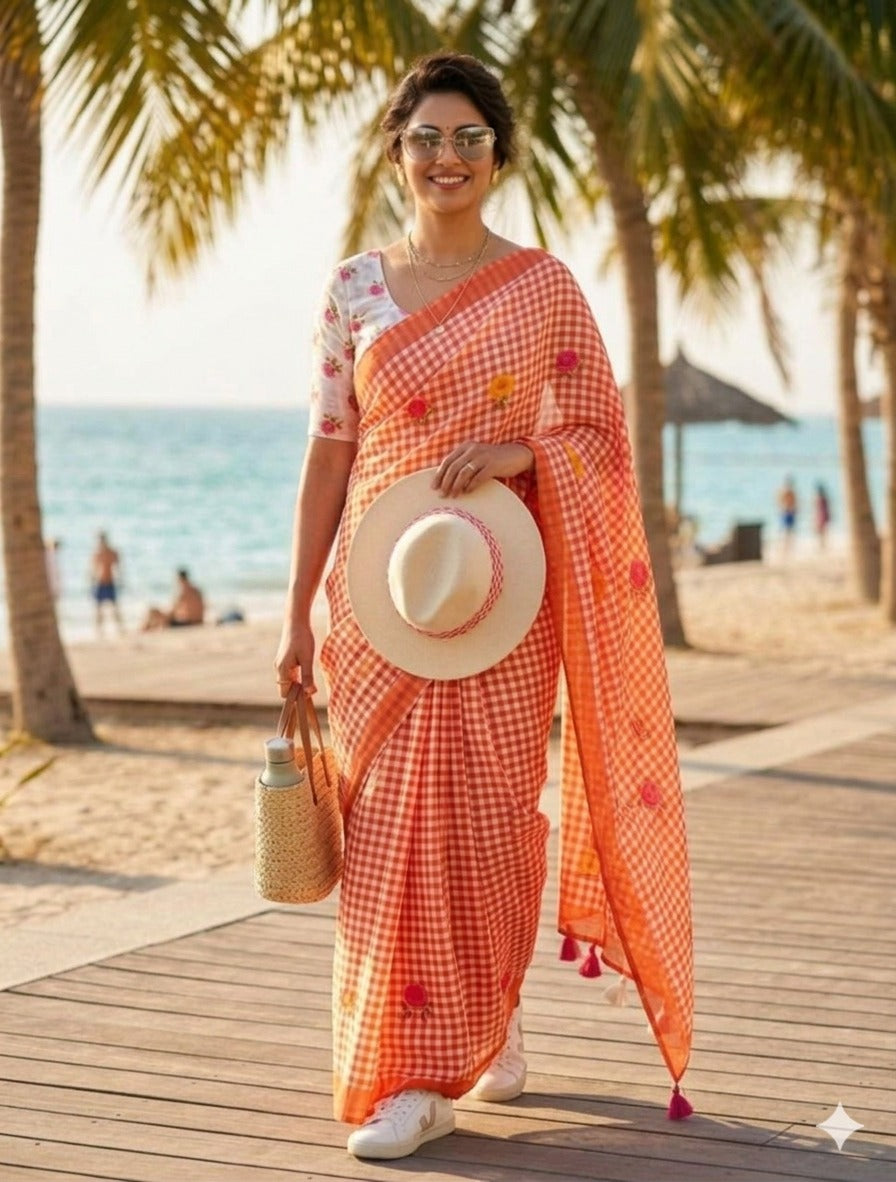 LINNEN COTTON CHEX FLOWER PRINTED SAREE (141)