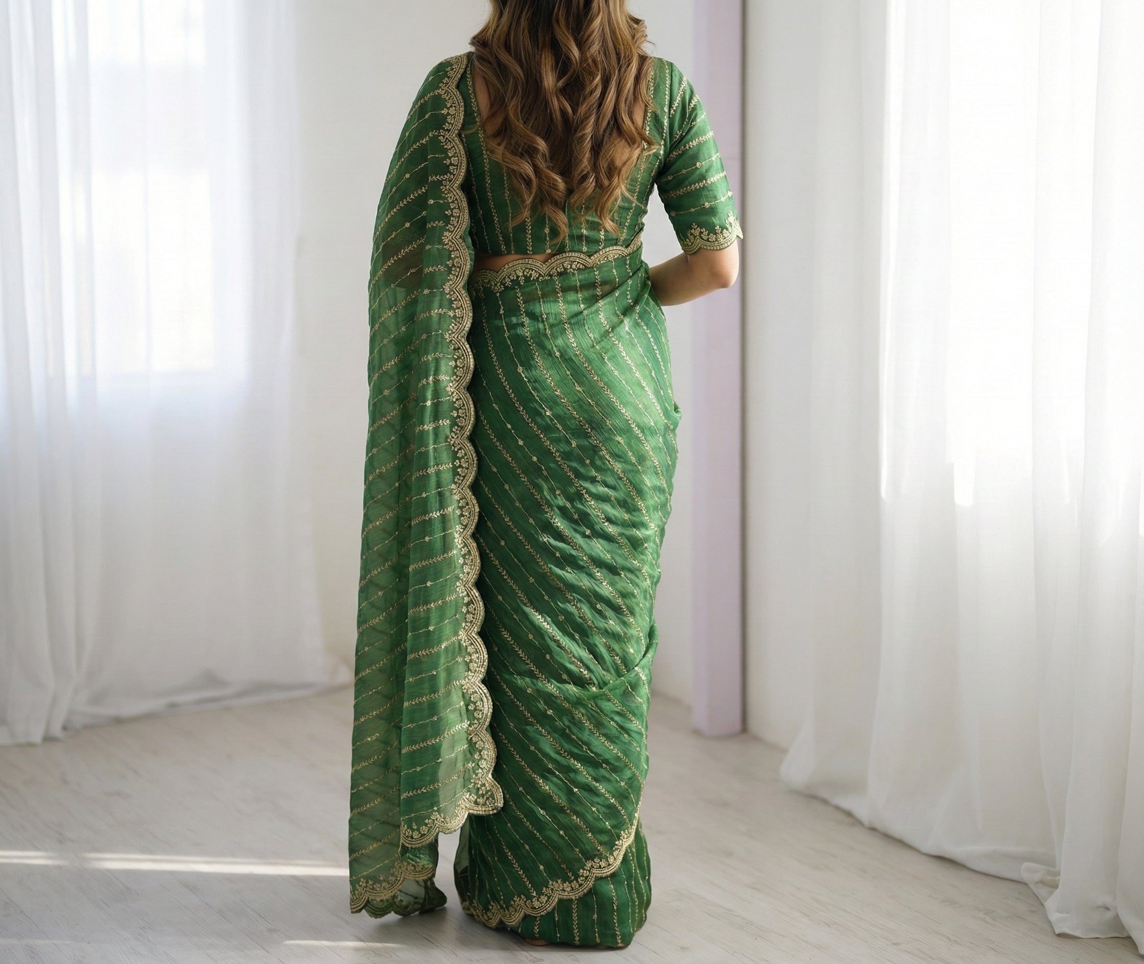 Fendy Sattin Dual Shad Saree Multi Sequence EmB Work With Running Blouse Emb work  (136)