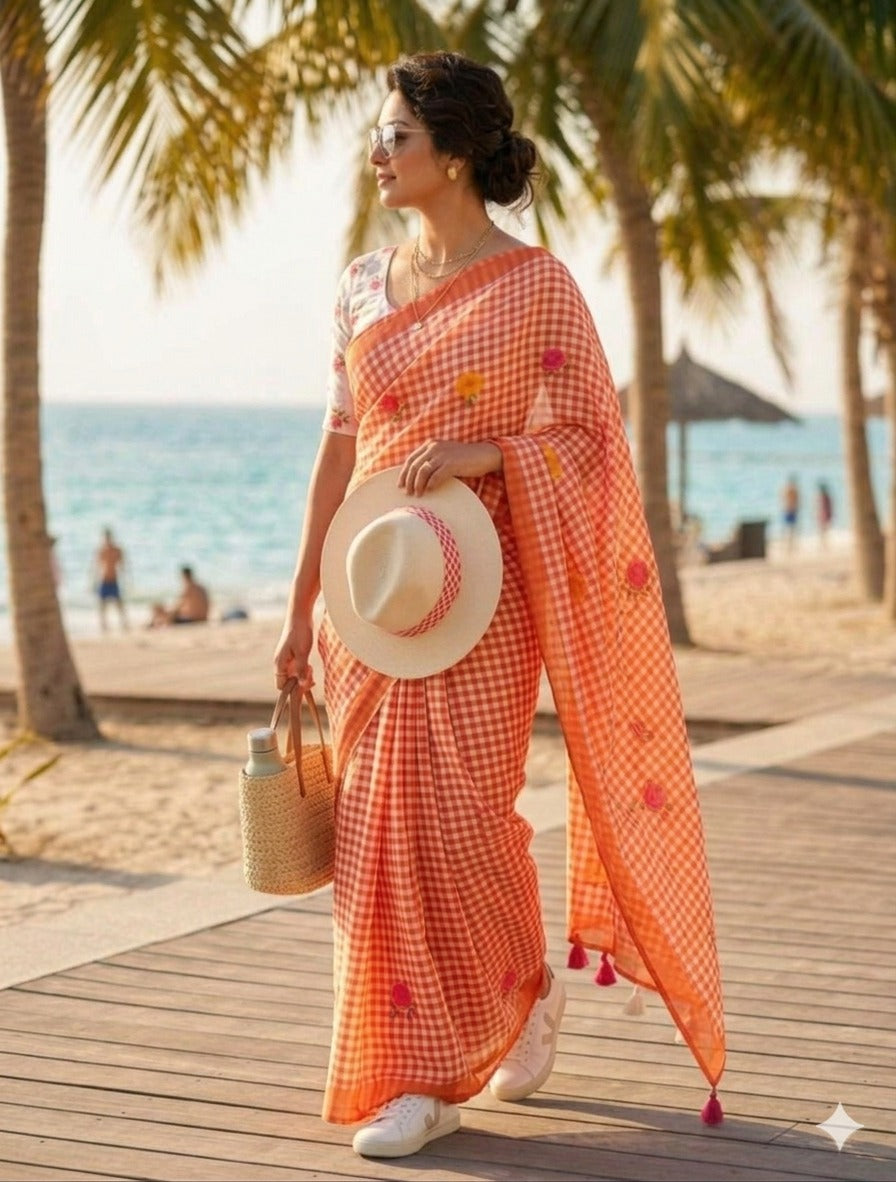 LINNEN COTTON CHEX FLOWER PRINTED SAREE (141)