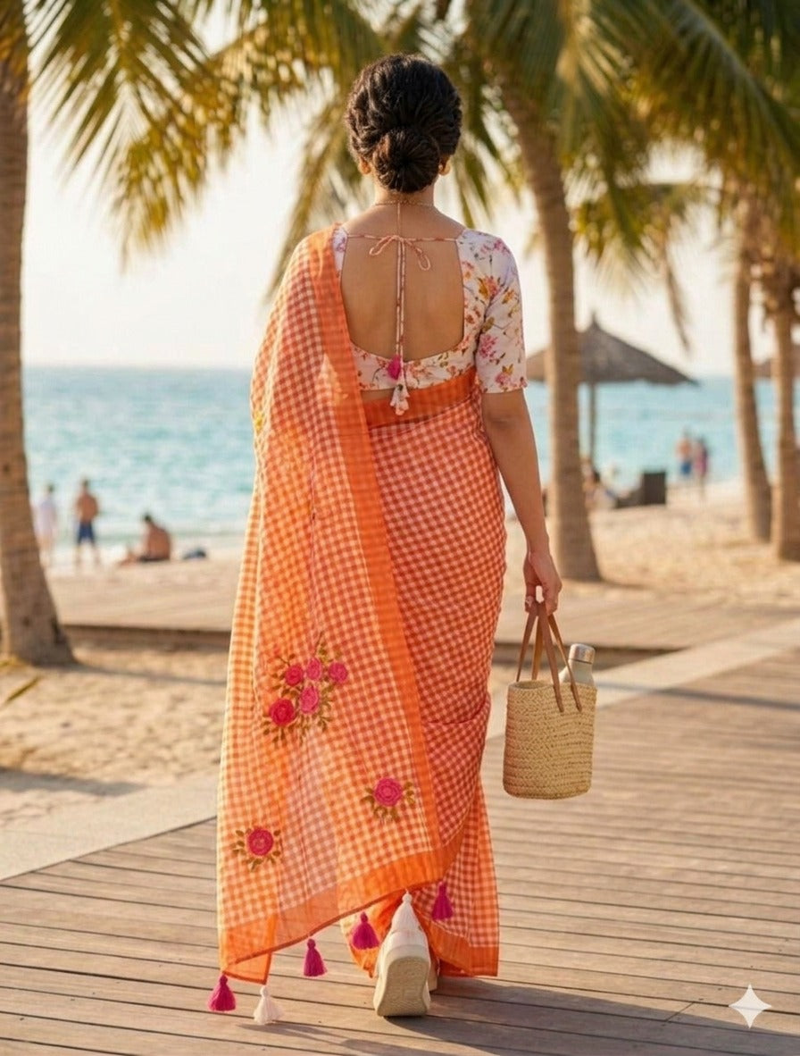 LINNEN COTTON CHEX FLOWER PRINTED SAREE (141)