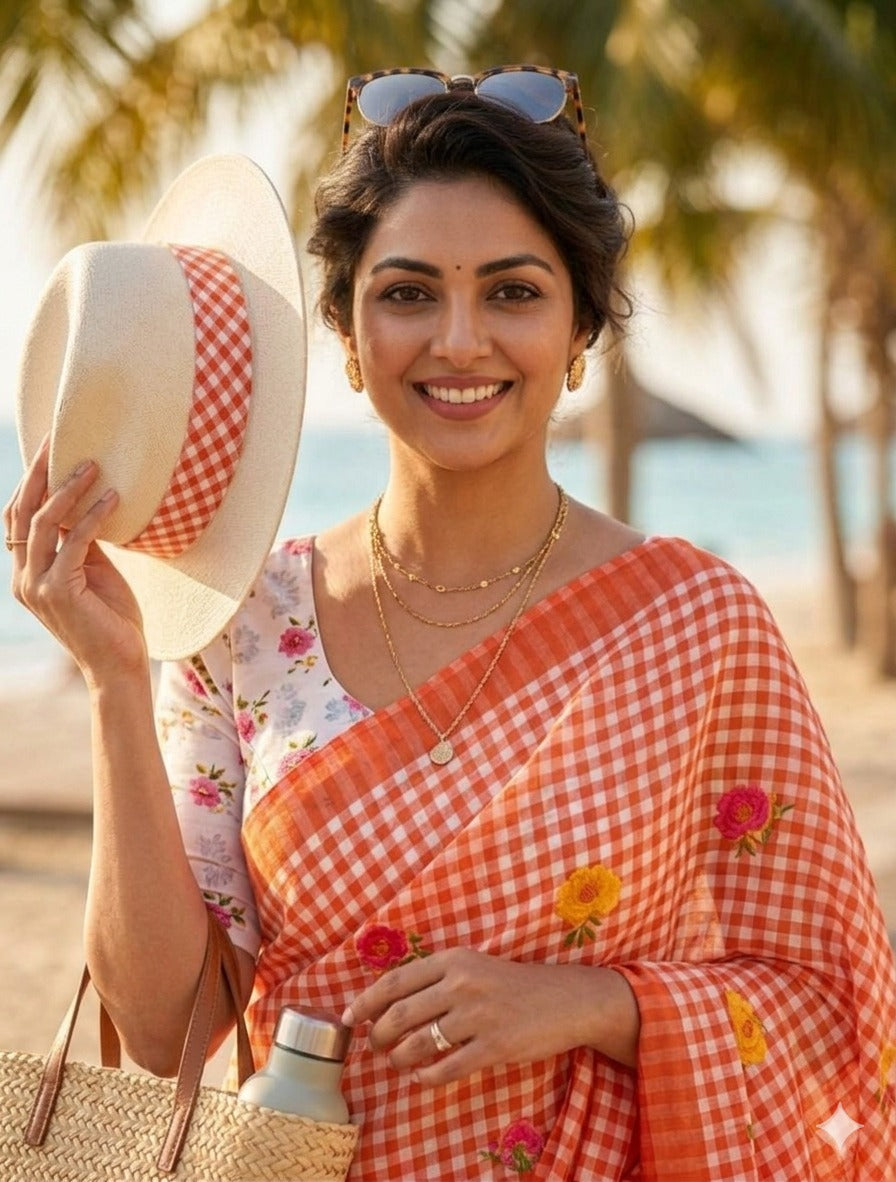 LINNEN COTTON CHEX FLOWER PRINTED SAREE (141)
