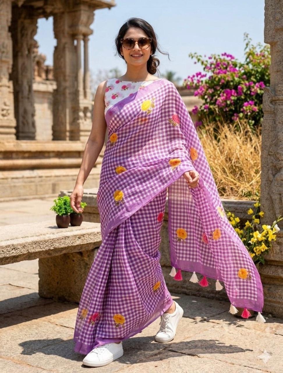 LINNEN COTTON CHEX FLOWER PRINTED SAREE (138)