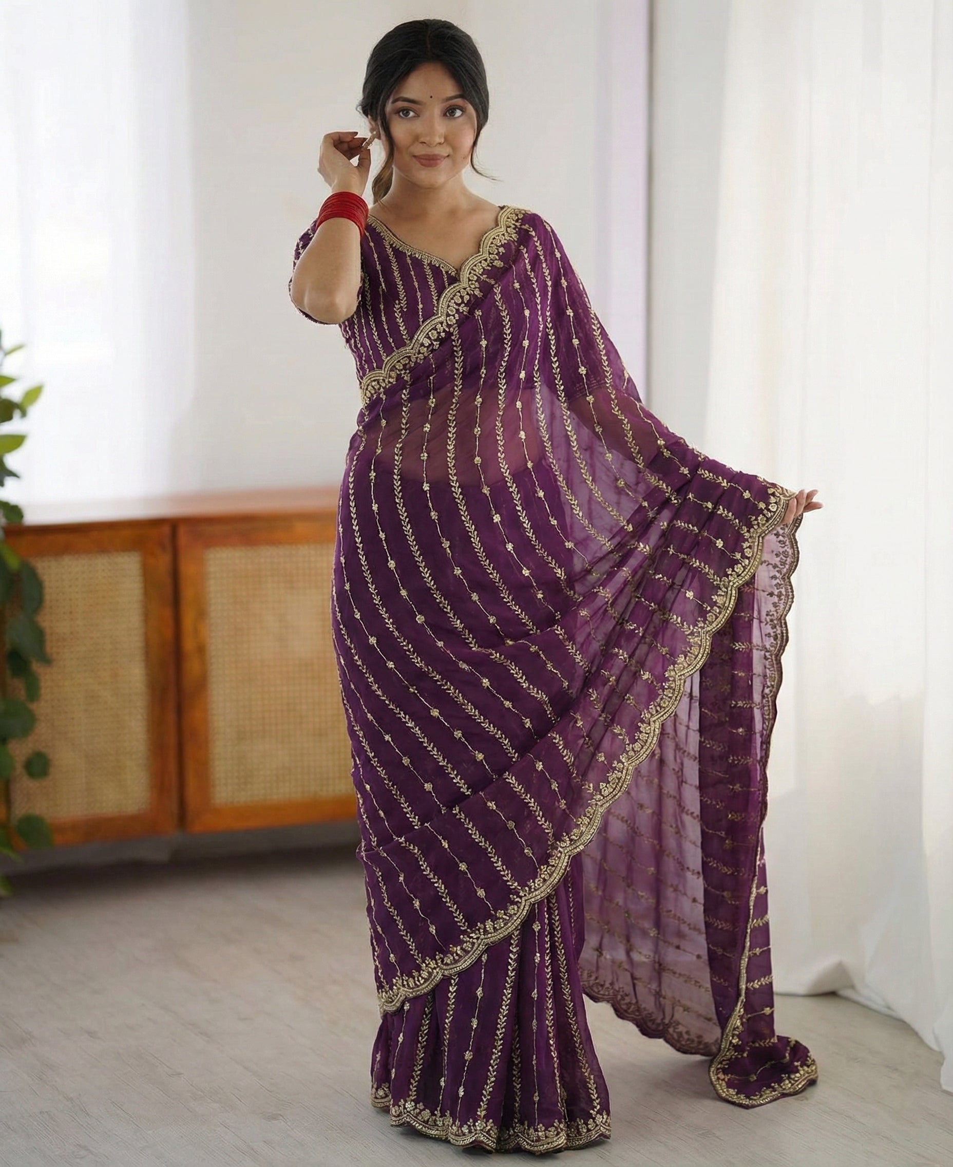 Fendy Sattin Dual Shad Saree Multi Sequence EmB Work With Running Blouse Emb work  (133)