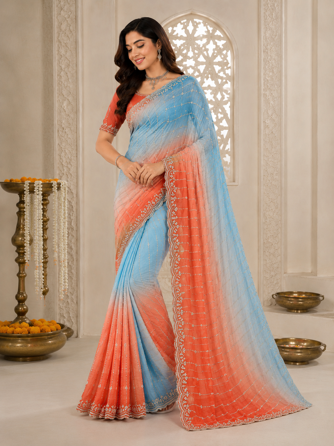 C PALLU EMB WORK FENDY SATIN PEDING SAREE (121)