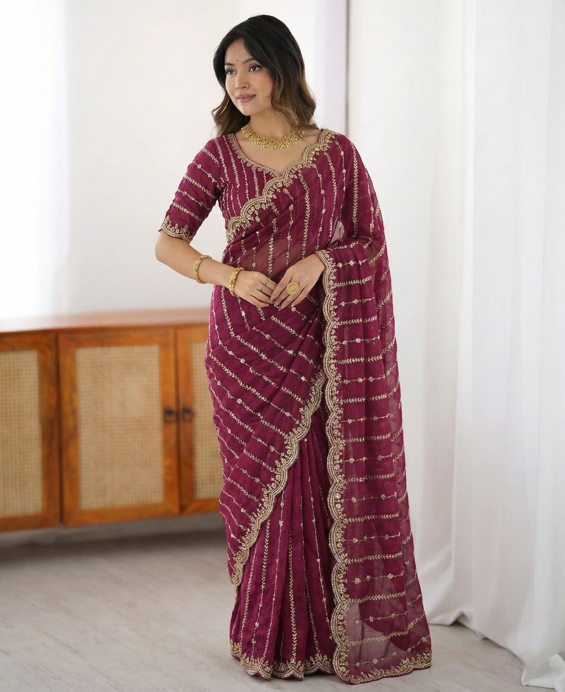 Fendy Sattin Dual Shad Saree Multi Sequence EmB Work With Running Blouse Emb work  (137))