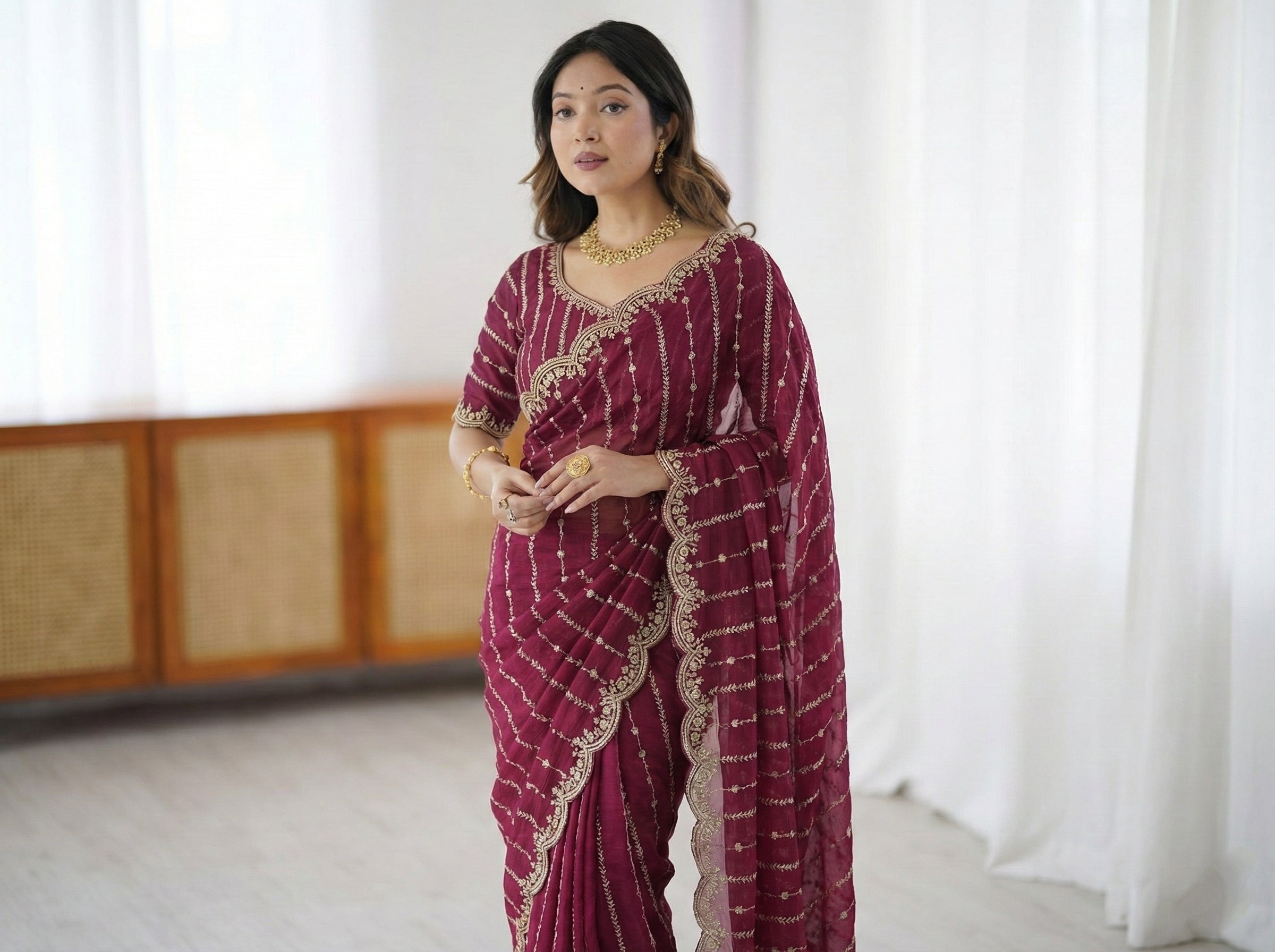 Fendy Sattin Dual Shad Saree Multi Sequence EmB Work With Running Blouse Emb work  (137))