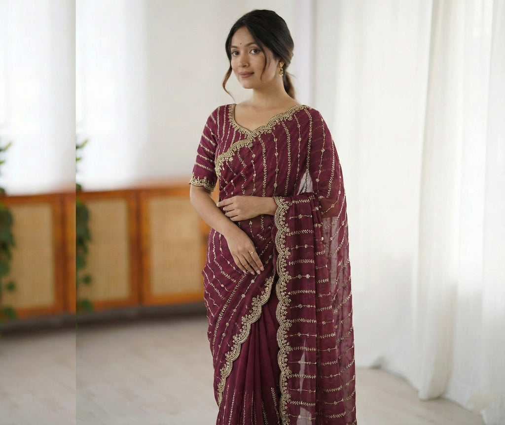 Fendy Sattin Dual Shad Saree Multi Sequence EmB Work With Running Blouse Emb work  (137))