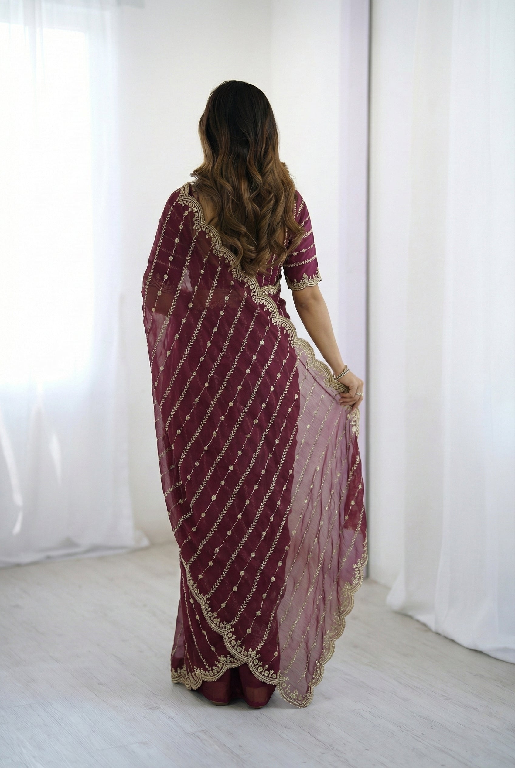 Fendy Sattin Dual Shad Saree Multi Sequence EmB Work With Running Blouse Emb work  (137))