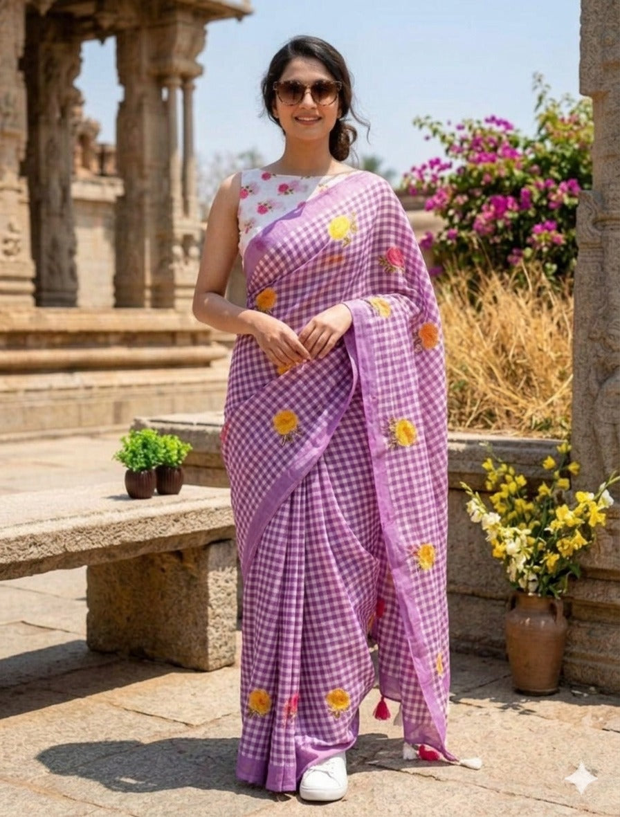 LINNEN COTTON CHEX FLOWER PRINTED SAREE (138)