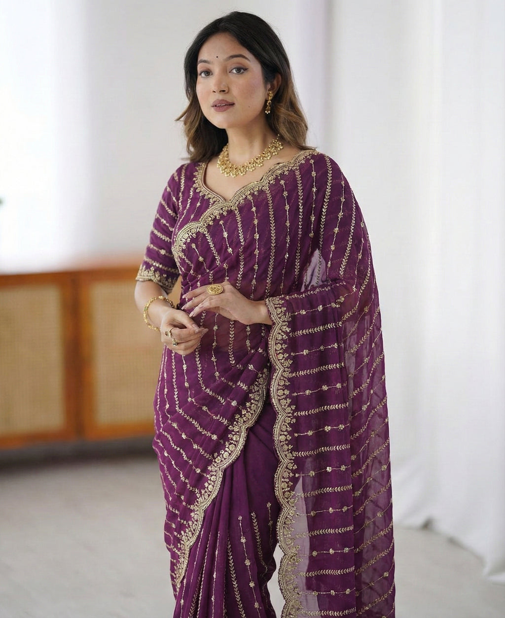 Fendy Sattin Dual Shad Saree Multi Sequence EmB Work With Running Blouse Emb work  (133)
