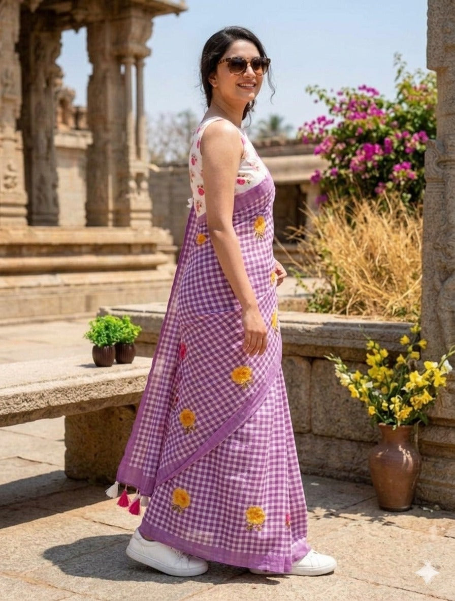 LINNEN COTTON CHEX FLOWER PRINTED SAREE (138)