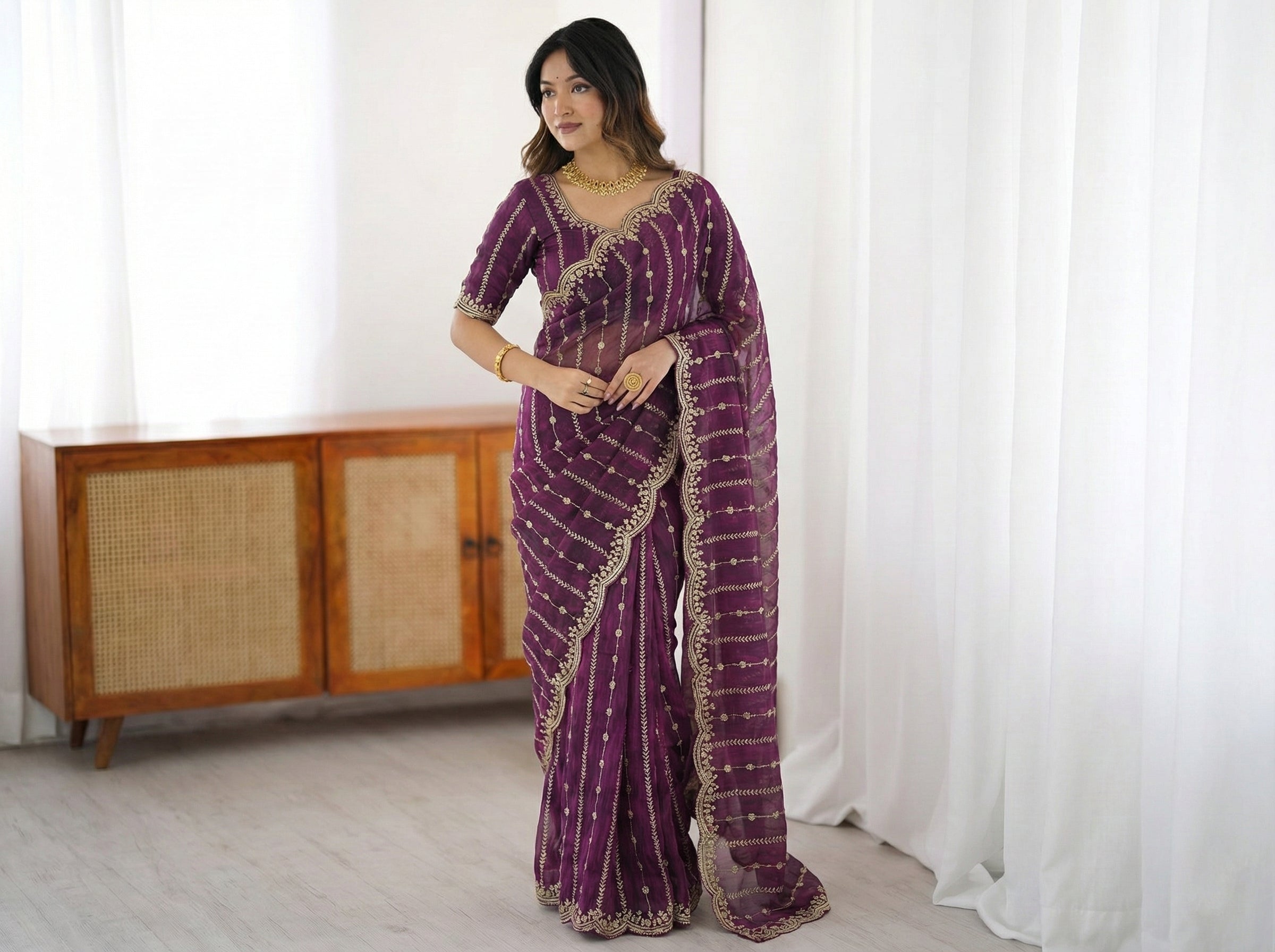 Fendy Sattin Dual Shad Saree Multi Sequence EmB Work With Running Blouse Emb work  (133)