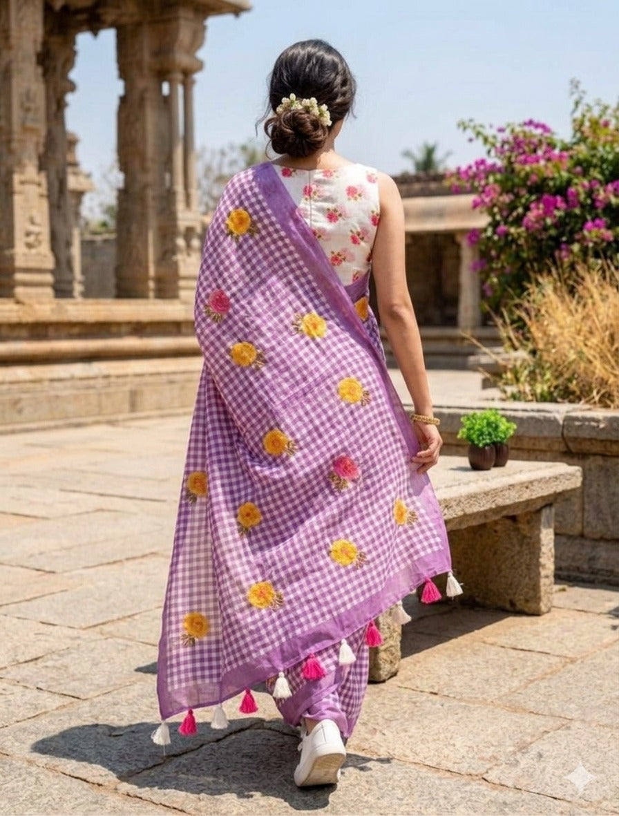 LINNEN COTTON CHEX FLOWER PRINTED SAREE (138)