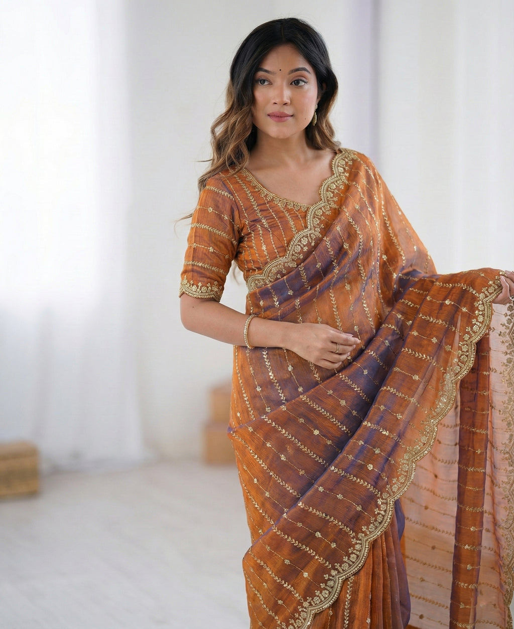 Fendy Sattin Dual Shad Saree Multi Sequence EmB Work With Running Blouse Emb work  (135)