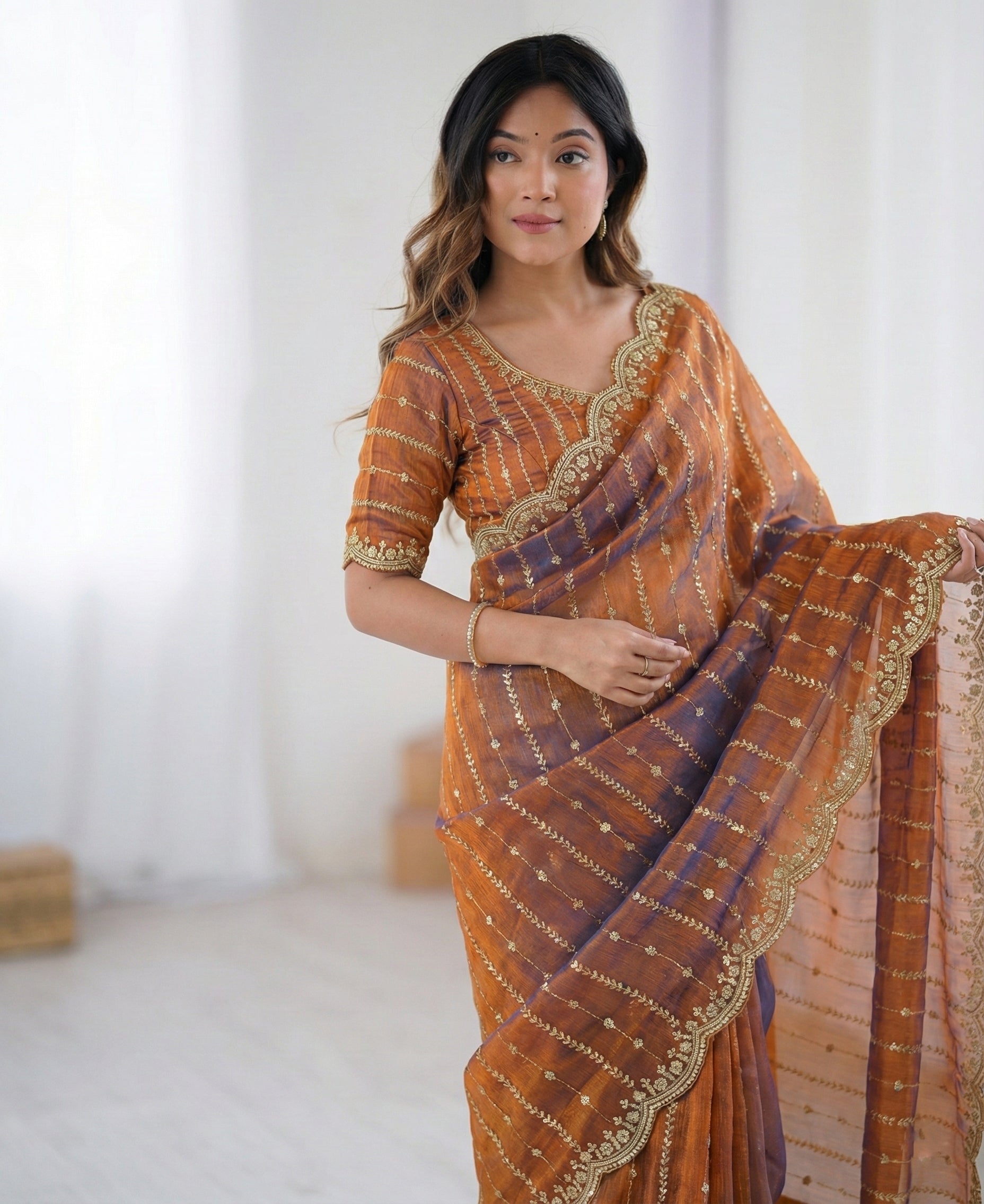 Fendy Sattin Dual Shad Saree Multi Sequence EmB Work With Running Blouse Emb work  (135)