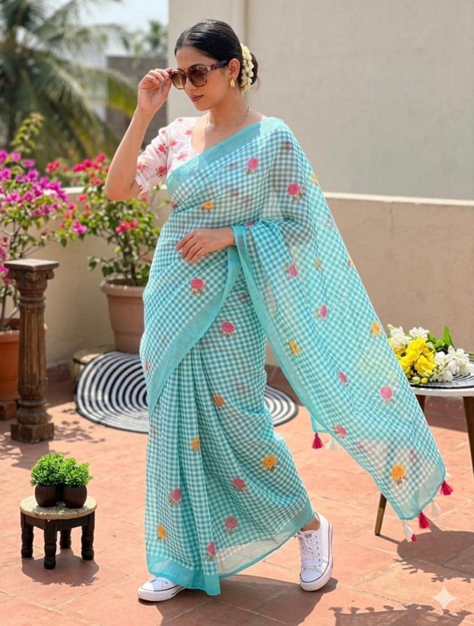 LINNEN COTTON CHEX FLOWER PRINTED SAREE (139)