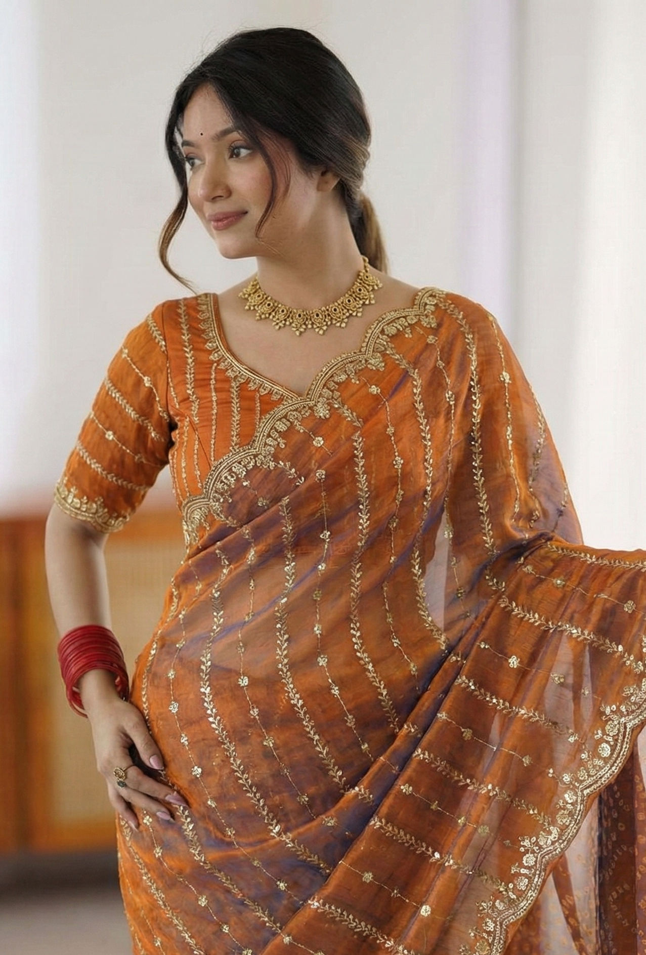 Fendy Sattin Dual Shad Saree Multi Sequence EmB Work With Running Blouse Emb work  (135)