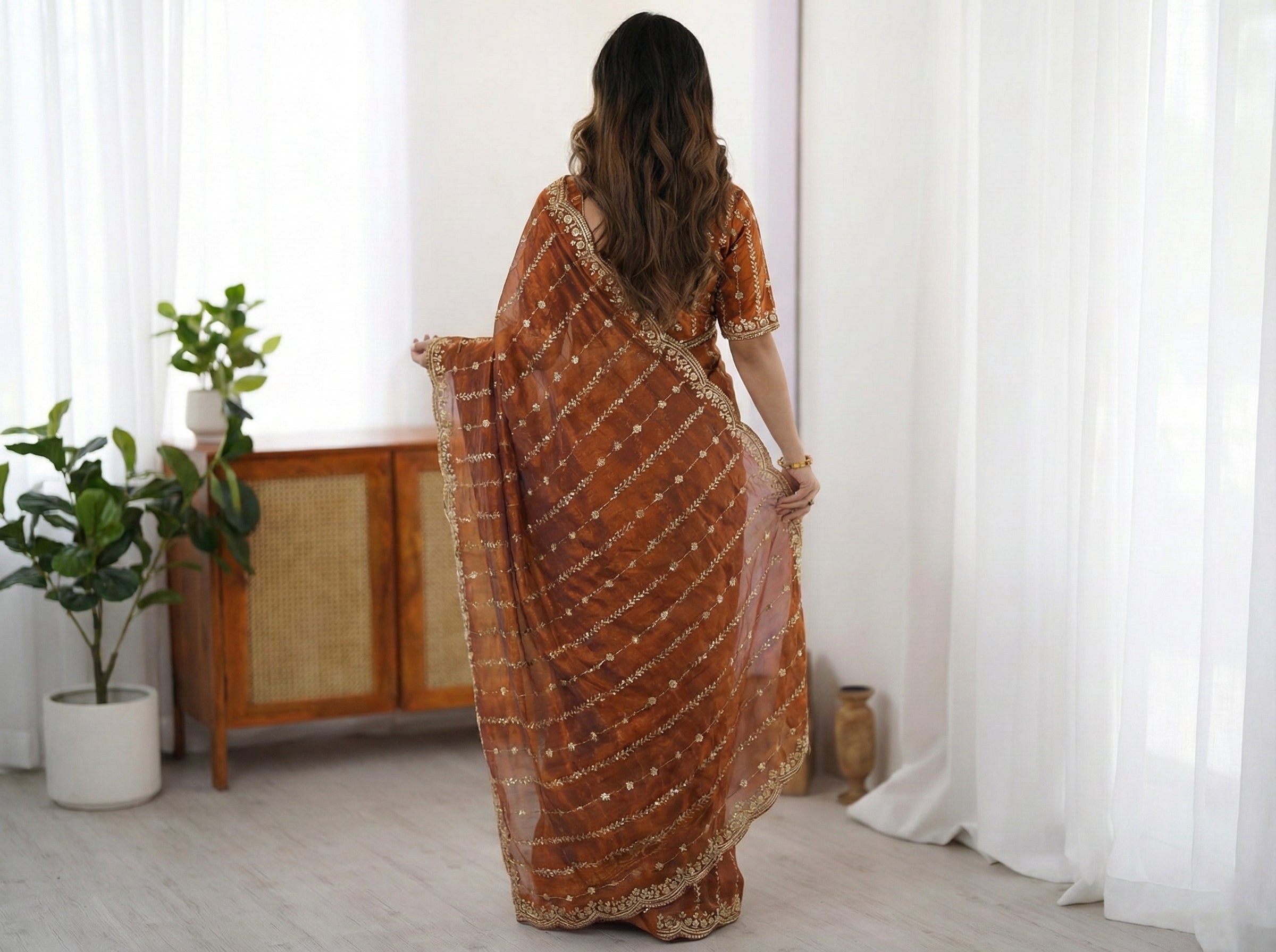 Fendy Sattin Dual Shad Saree Multi Sequence EmB Work With Running Blouse Emb work  (135)