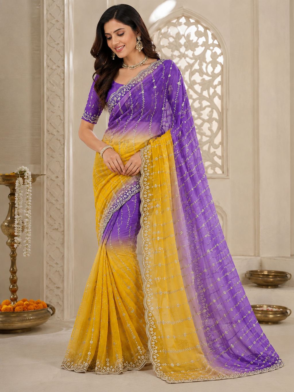 C PALLU EMB WORK FENDY SATIN PEDING SAREE (120)