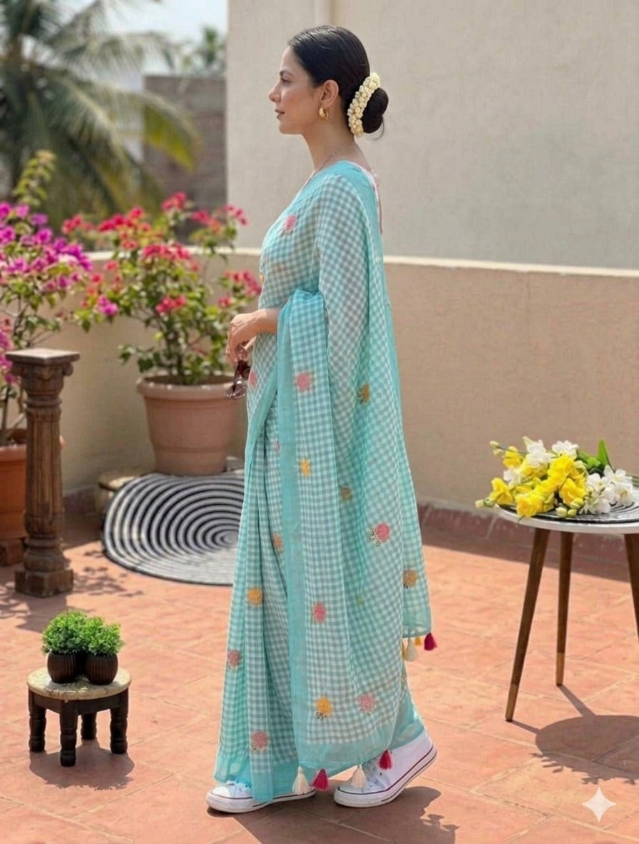 LINNEN COTTON CHEX FLOWER PRINTED SAREE (139)