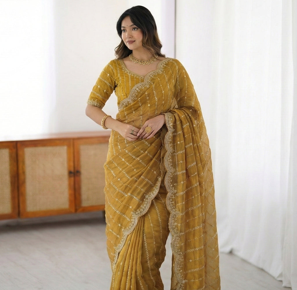 Fendy Sattin Dual Shad Saree Multi Sequence EmB Work With Running Blouse Emb work  (134)
