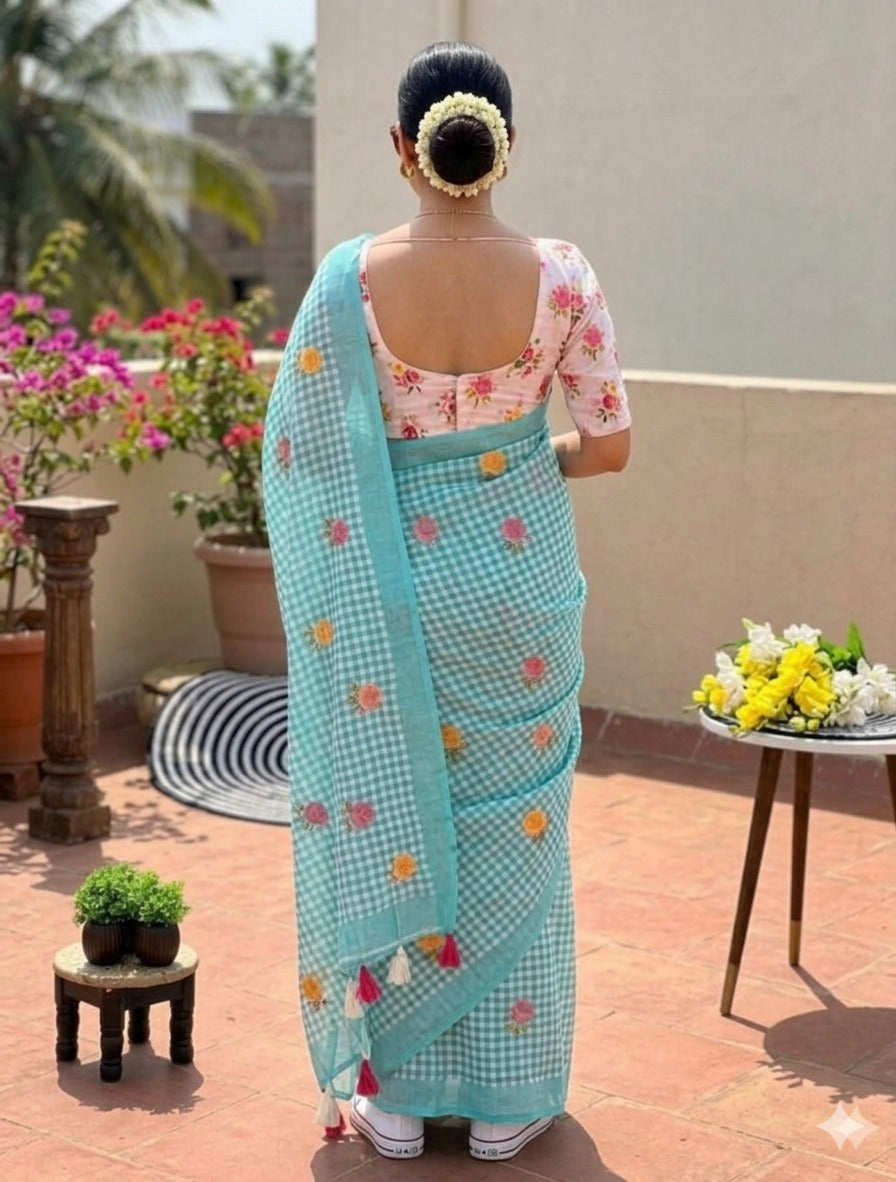 LINNEN COTTON CHEX FLOWER PRINTED SAREE (139)