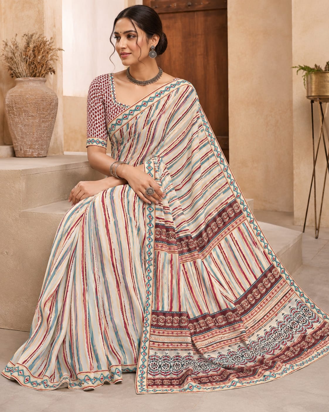 Traditional Handblock Style Saree STRIPE  AJARAKH SAREE (108)