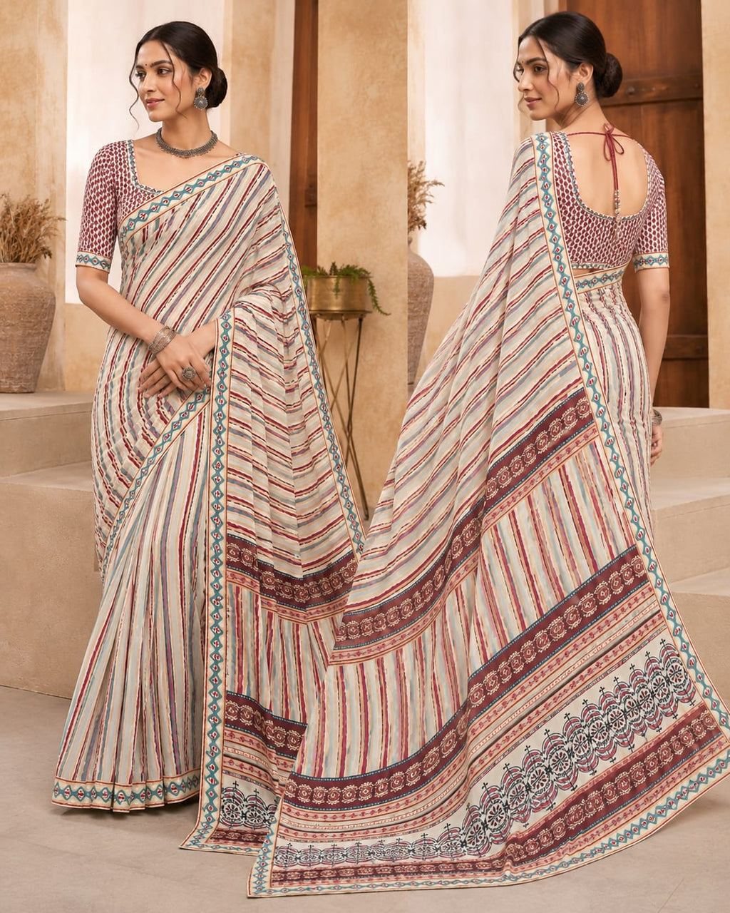 Traditional Handblock Style Saree STRIPE  AJARAKH SAREE (108)