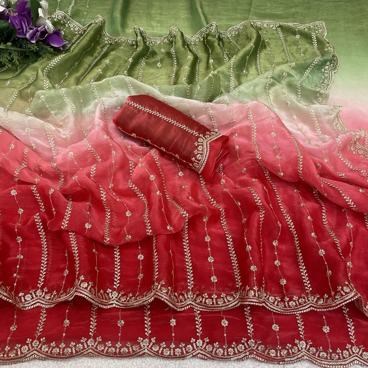 C PALLU EMB WORK FENDY SATIN PEDING SAREE (119)
