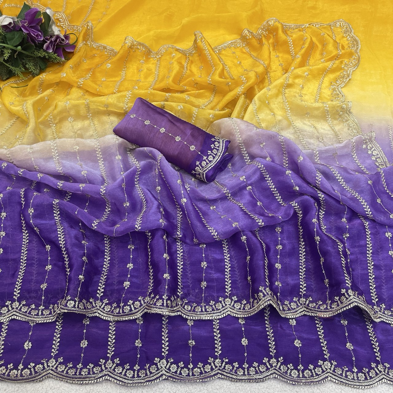 C PALLU EMB WORK FENDY SATIN PEDING SAREE (120)