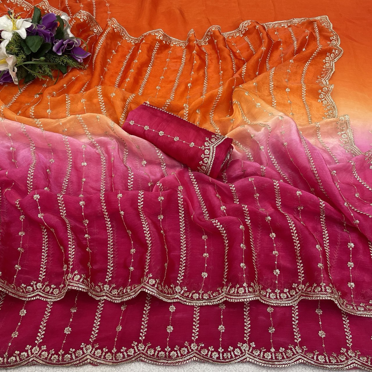 C PALLU EMB WORK FENDY SATIN PEDING SAREE (118)