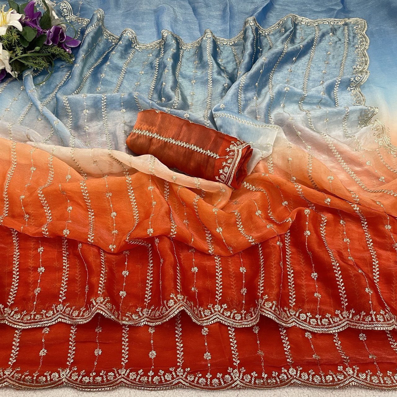 C PALLU EMB WORK FENDY SATIN PEDING SAREE (121)